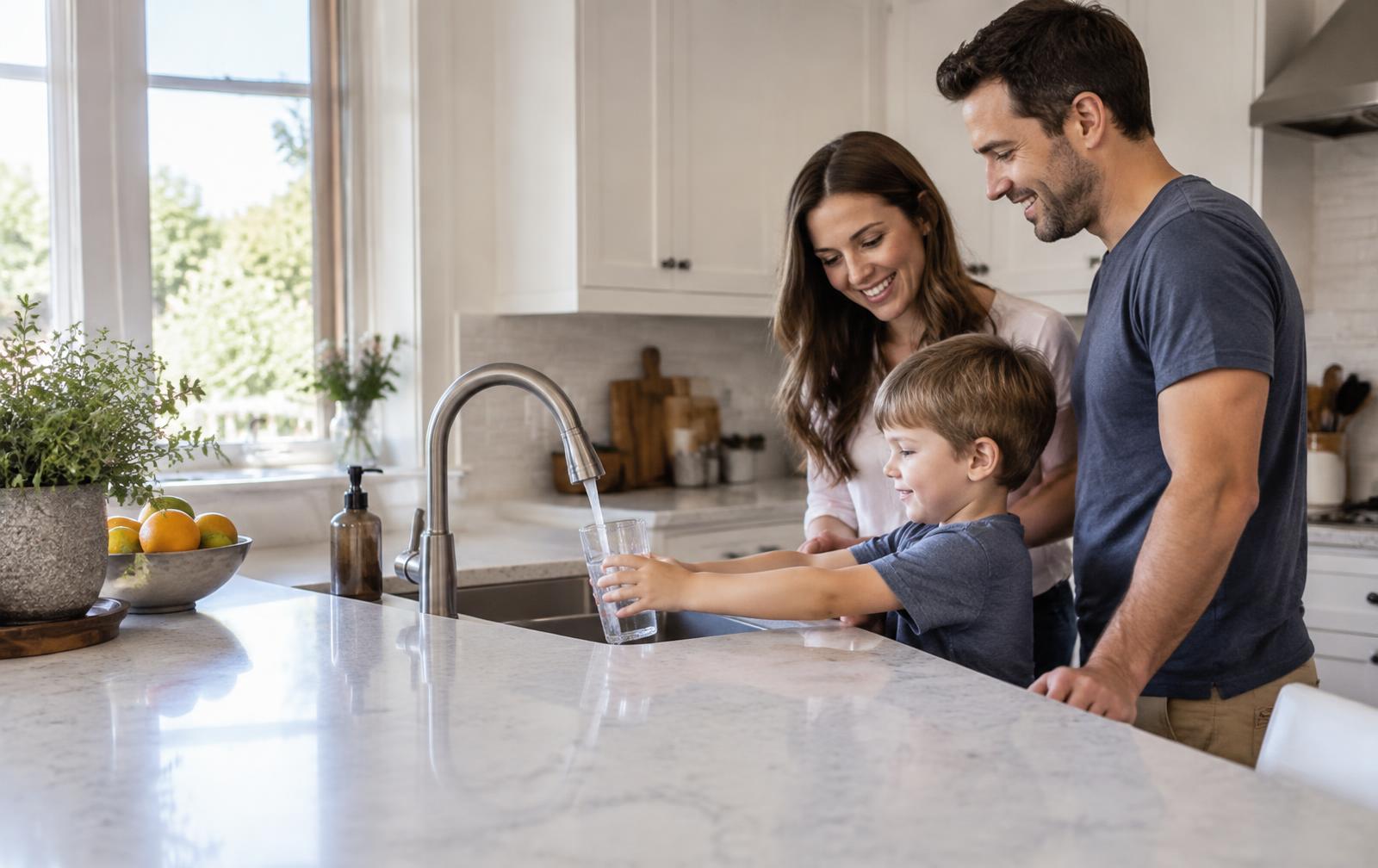 A family at home in their kitchen